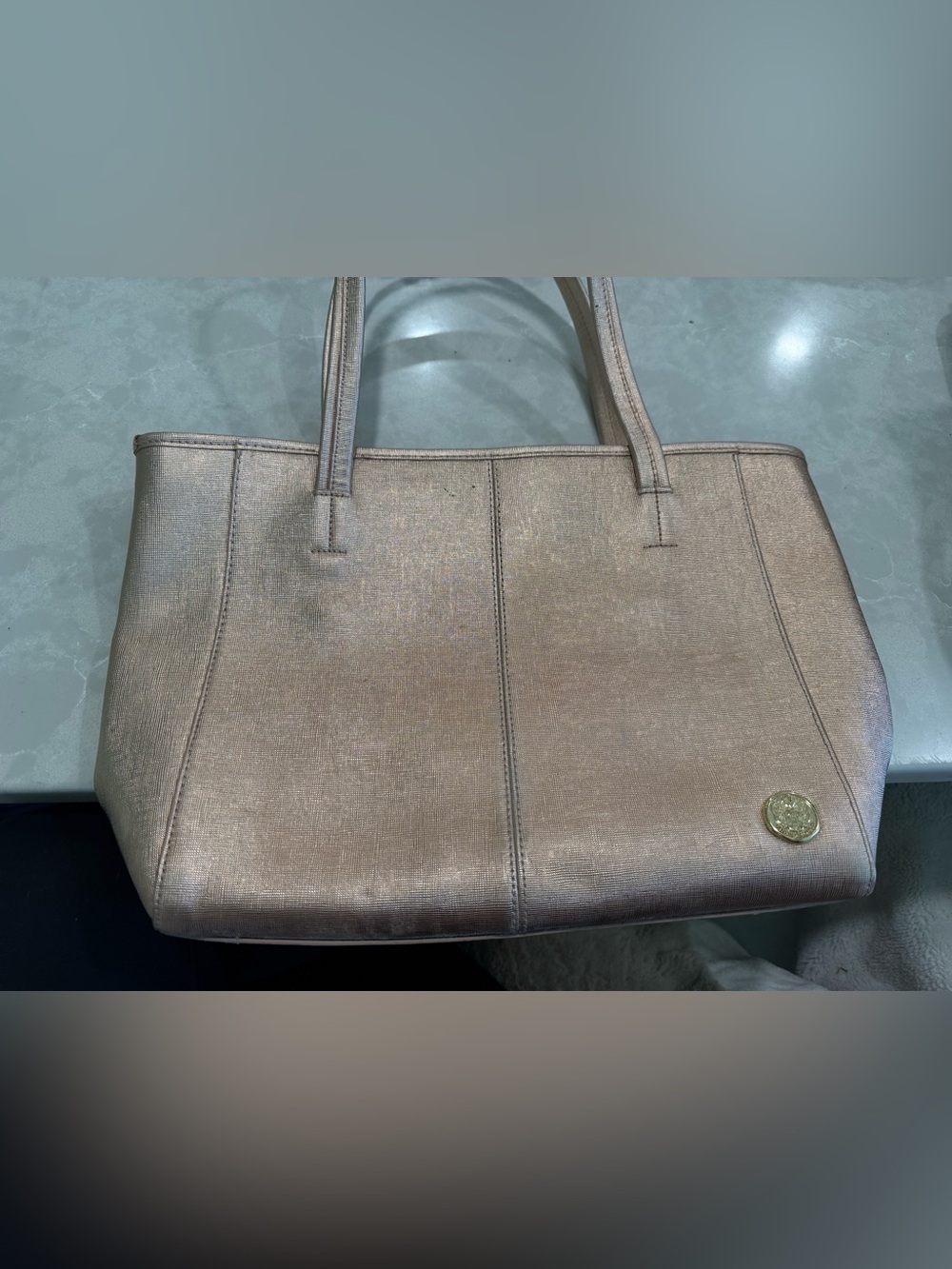 Vince Camuto Metallic Rose Gold Tote Bag with Logo Medallion, Used